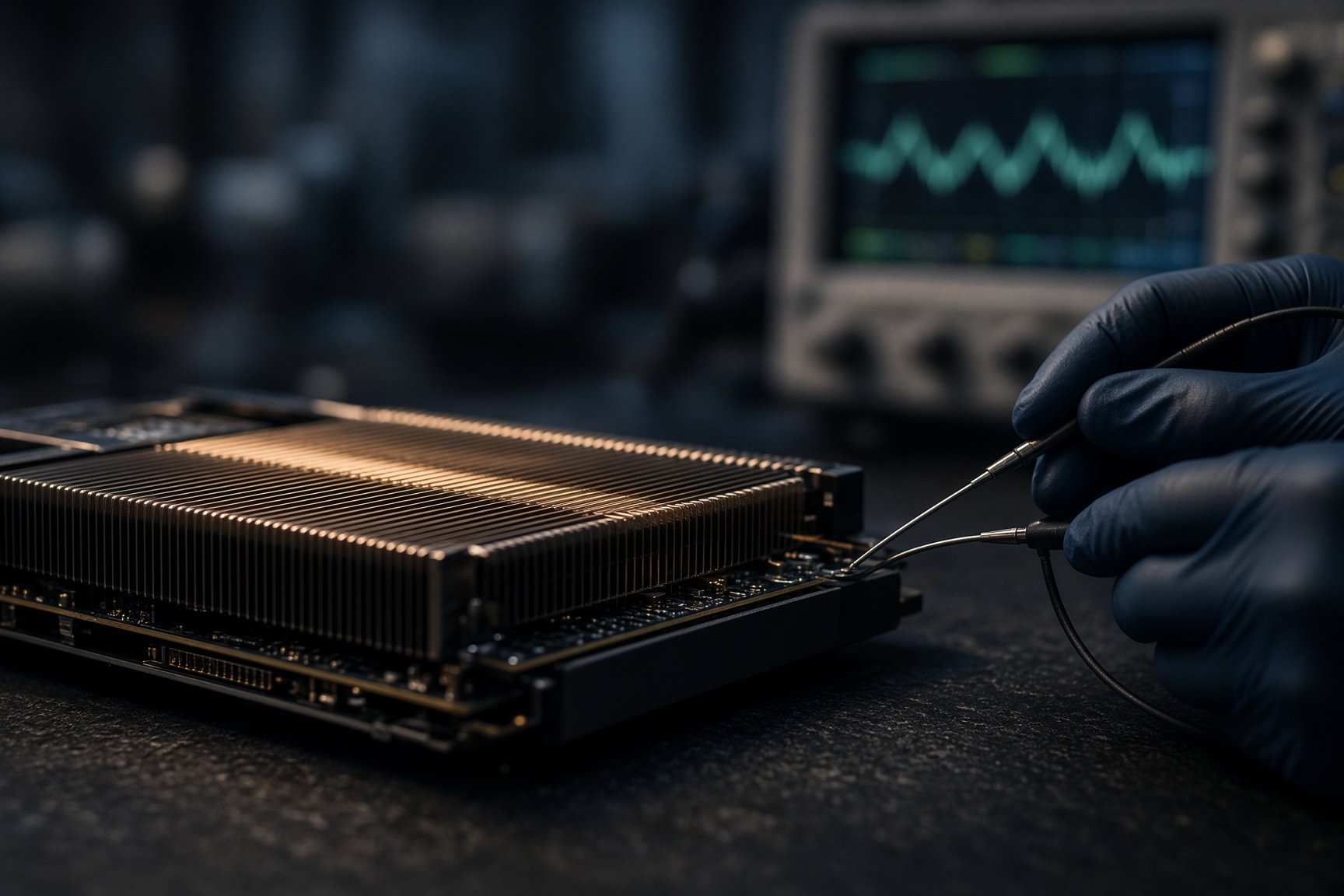 GPU accelerator card on a lab bench - instrument probes and an oscilloscope validating physical hardware performance